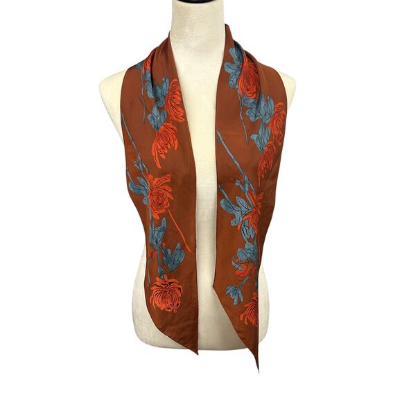Retro Floral Silk Scarf Vena Brown Orange Teal Signed Modern Vintage - Picture 1 of 5